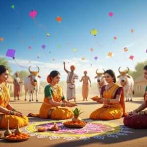 A serene Indian village scene celebrating Makar Sankranti, with a clear blue sky and vibrant kites of various colors soaring high. In the foreground, a group of Indian women dressed in rich, traditional sarees in hues of saffron and maroon, are performing rituals with intricate rangoli patterns on the ground. They are surrounded by golden sunlight casting a warm glow, highlighting their gold jewelry and serene expressions. In the background, men and children joyfully fly kites, with decorated bullocks adorned in colorful attire, signifying the harvest. The atmosphere is festive and harmonious, with an ethereal quality to the lighting, capturing the essence of tradition and modernity in a digitally aesthetic style.