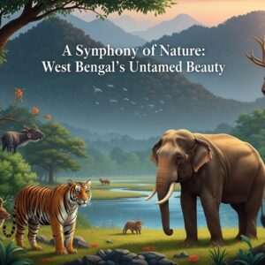 An enchanting landscape depicting the vibrant biodiversity of West Bengal's protected areas. In the foreground, a majestic Indian elephant and a regal Bengal tiger stand amid lush greenery and colorful flora. The background features the serene water bodies of the Sundarbans, with a flock of bright, exotic birds soaring above. Towering mangrove trees and delicate lotus flowers add depth and richness to the scene. The entire image is bathed in soft, warm light, creating an ethereal and tranquil atmosphere. This digital illustration combines traditional Indian art forms with modern aesthetics, showcasing intricate patterns in the foliage and harmonious colors such as deep maroon, peacock blue, and saffron. The image invites viewers to discover the untouched wonders of these protected areas, evoking a sense of wonder and exploration.