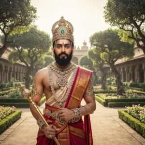 A regal Indian king, Gondophares, dressed in ornate, traditional royal attire inspired by ancient Indian art forms. He stands amidst a lush, historical
