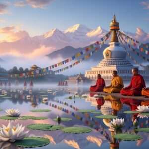 A serene and ethereal scene of Gangtok nestled in the Himalayas, bathed in the soft glow of early morning light. The foreground features a tranquil, reflective water surface with delicate lotus flowers gently floating, symbolizing peace and spirituality. In the background, the majestic Kanchenjunga mountain range rises, partially shrouded in mist, under a pastel-colored sky transitioning from pale pink to soft blue. A traditional Buddhist stupa is prominently placed, adorned with colorful prayer flags gently fluttering in the breeze. The art style is hyperrealistic with a surreal touch, capturing the essence of tranquility and spiritual harmony. Indian spiritual seekers, dressed in simple, traditional attire, can be seen meditating by the water's edge, exuding calm and mindfulness. The overall ambiance is one of serenity and introspection, inviting viewers to explore the spiritual retreats of Gangtok.