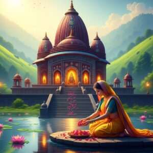 An ethereal scene depicting the Doul Govinda Temple nestled among lush green hills by the Brahmaputra River. The temple is adorned with intricate patterns and motifs inspired by traditional Assamese art, featuring deep maroon and peacock blue hues. In the foreground, a serene Indian woman dressed in a flowing traditional saree, in saffron color, gently places flowers at the temple steps. Soft glowing lights illuminate the temple, casting a warm glow that reflects off the calm water surface of the river. The atmosphere is tranquil and spiritual, with subtle elements like lotus flowers and glowing mandalas integrated into the design. The scene should be hyperrealistic, capturing the harmonious blend of cultural heritage and modern digital aesthetics, inviting readers to explore the rich history and significance of this iconic temple.