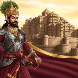 An illustrious depiction of Bappa Rawal, the legendary founder of the Mewar Dynasty, in a regal and commanding posture. He stands proudly in traditional Rajput warrior attire, with intricate armor and a golden crown adorned with peacock feathers. His gaze is focused and resolute, reflecting his determination and strength. The background showcases the majestic Chittorgarh Fort under a warm golden sky, with detailed carvings and stonework. The scene is bathed in a serene, ethereal light that highlights the rich colors of maroon and gold, infusing a sense of grandeur and historical significance. The art style merges traditional Indian elements with modern digital aesthetics, with meticulous attention to detail, capturing the essence of Rajput valor and heritage.