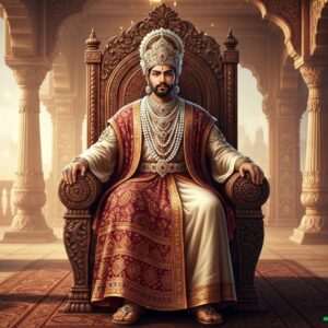 A regal Indian king, Gondophares, sits majestically on a grand, intricately carved wooden throne. He is adorned in a luxurious, flowing robe with vibrant patterns reminiscent of Madhubani art, featuring deep maroon and gold hues. His crown is ornate, studded with jewels and glistening under the soft glow of ethereal light. The background is an opulent Indo-Parthian palace setting, with richly decorated pillars and delicate lotus motifs. Peacocks with shimmering feathers and lotus flowers are subtly incorporated into the scene, symbolizing royalty and divinity. The atmosphere is serene yet commanding, with a blend of traditional and modern digital aesthetics, capturing the viewer's attention with its historical grandeur and artistic elegance.