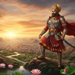 An ethereal scene depicting Bappa Rawal, a legendary Indian warrior-king, standing majestically atop a hill overlooking the ancient kingdom of Mewar. He is clad in resplendent traditional Rajput armor, intricately detailed with gold and peacock blue hues. His face is serene yet resolute, embodying the essence of leadership and valor. The background features a vibrant sunset with warm gold and saffron skies, casting a glow over the lush, fertile lands below. In the foreground, delicate lotus flowers and swirling mandalas add a touch of spirituality and cultural richness. The art style is a fusion of traditional Indian art forms and modern digital aesthetics, creating a hyper-realistic and captivating portrayal that draws the viewer into Bappa Rawal's world.