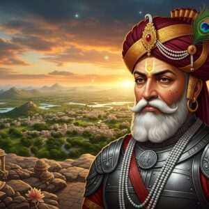 A majestic portrayal of Bappa Rawal, the legendary founder of Mewar, standing proudly atop a rocky cliff with a sweeping view of the vast, lush Mewar landscape below. He is clad in regal, traditional Rajput armor with intricate designs, and a flowing maroon and gold turban adorned with a peacock feather. His expression is one of determination and leadership, with a subtle aura of spirituality. The sky behind him is a surreal blend of saffron and peacock blue hues, with soft, glowing lights highlighting the scene. In the foreground, stylized lotus flowers and mandalas subtly incorporated into the terrain reflect the rich cultural heritage. The art style combines hyperrealism with a touch of fantasy, capturing both the historical significance and the ethereal essence of his legacy.