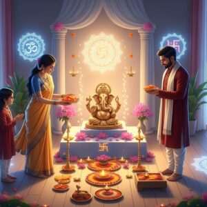 A serene Indian family performing a traditional housewarming ceremony in their new home. The scene depicts the family dressed in elegant traditional attire, with the mother in a flowing saffron saree and the father in a maroon kurta, both adorned with delicate gold jewelry. They are surrounded by glowing mandalas and spiritual symbols like Om and Swastika, subtly integrated into the decor. In the center, a beautifully adorned altar with a golden statue of Lord Ganesha, flanked by flickering diyas and fragrant lotus flowers. The room is bathed in soft, warm light with pastel blue and pale pink accents, creating an ethereal atmosphere. Outside, large windows reveal a peaceful garden with blooming flowers and calm water surfaces reflecting the sunlight. The art style is hyperrealistic, merging traditional Indian art with modern digital aesthetics, capturing the essence of spirituality and harmony.