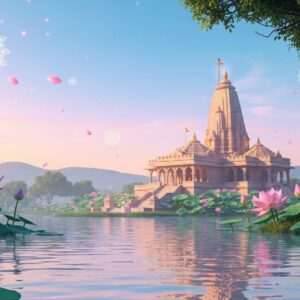 A serene, ethereal scene depicting the spiritual landscape of Sasaram in 2026. The foreground features a calm water surface reflecting the soft glow of a pastel-colored dawn sky. In the center, an intricately designed temple with traditional Indian architectural elements rises majestically, bathed in warm golden light. Surrounding the temple are vibrant lotus flowers and lush greenery, creating a harmonious blend of nature and spirituality. In the background, gentle hills and a clear sky with glowing mandalas and floating petals enhance the dreamlike quality. The art style is hyperrealistic with a modern digital aesthetic, blending tradition with innovation to inspire a sense of peace and mindfulness.