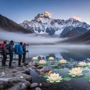 A breathtaking scene capturing the serene beauty of the Himalayan mountains at sunrise, with Pauhunri peak majestically towering in the background. The landscape is enveloped in a soft, ethereal glow with pastel hues of pink, blue, and gold reflecting off the snow-capped peaks. In the foreground, a group of Indian trekkers in modern trekking gear pause in awe, their faces illuminated by the warm morning light. They stand near a tranquil mountain lake that mirrors the grandeur of the peaks, with a subtle mist rising from its surface. Stylized lotus flowers float gently on the water, adding a touch of spiritual elegance. The art style is hyperrealistic, with intricate details that highlight both the natural beauty and the spiritual essence of this sacred pilgrimage site, evoking a sense of adventure and tranquility.
