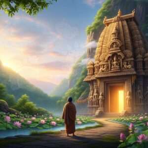 A serene and ethereal depiction of a pilgrim standing in awe before the grand entrance of an ancient temple in Dimapur, surrounded by lush green landscapes and cascading lotus flowers. The temple is adorned with intricate carvings and golden embellishments, glowing softly under a pastel-colored sky that shifts from soft blue to pale pink. A warm golden light emanates from the temple entrance, inviting the pilgrim forward. The scene is bathed in tranquility and spirituality, with delicate patterns of traditional Indian motifs subtly integrated into the background. The overall composition should be hyperrealistic with a touch of surrealism, capturing the essence of a mystical journey and exploration.