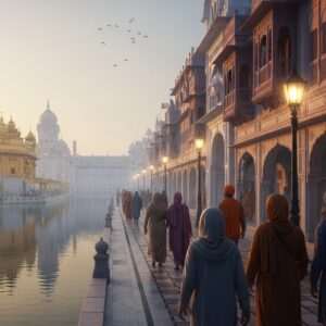 A serene, ethereal scene of Amritsar's Heritage Street at dawn, bathed in soft, warm golden light. The street is lined with beautifully restored colonial-era buildings adorned with intricate Indian motifs, rich in detail and vibrant colors like maroon and saffron. In the foreground, Indian pilgrims in traditional attire walk gracefully, their silhouettes softly illuminated by gentle, glowing street lamps. The scene includes a distant view of the iconic Golden Temple, shimmering in the early morning light, surrounded by serene waters reflecting the temple's grandeur. The composition is hyperrealistic with a modern digital aesthetic, blending the heritage of Amritsar with an inviting, mystical atmosphere. The overall tone is peaceful and inviting, capturing the spiritual essence of a pilgrimage.