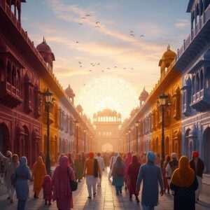 A serene, photo-realistic scene depicting the bustling Heritage Street in Amritsar during the golden hour. The street is lined with traditional Punjabi architecture featuring intricate carvings and vibrant colors of maroon, saffron, and peacock blue. In the foreground, a diverse group of Indian pilgrims, dressed in modern yet traditional attire, walk joyfully. The sky above is painted with soft pastel hues of pink and blue, with a subtle, glowing mandala symbolizing spirituality and harmony in the background. The air is filled with a sense of history and reverence, as the sun casts a warm, inviting glow over the entire scene, inviting viewers to embark on their own spiritual journey through this cultural marvel. The art style is hyperrealistic, blending traditional elements with modern digital aesthetics for a captivating visual experience.