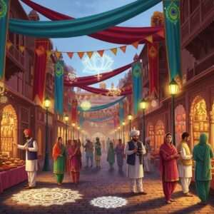 An intricately detailed digital illustration depicting the bustling Heritage Street of Amritsar, alive with vibrant activity. The street is adorned with deep maroon and peacock blue banners, rich golden hues highlighting traditional Punjabi architectural details. Shopkeepers in traditional Indian attire engage with joyful pilgrims and tourists. A serene, ethereal atmosphere is created by soft glowing lights and pastel-colored shadows cast by ornate street lamps. Glowing mandalas and lotus motifs subtly decorate the scene, blending heritage with modernity. The composition exudes an inviting aura of discovery, spirituality, and cultural richness.