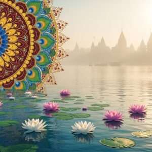 A serene, ethereal depiction of the sacred Ganga River, with its tranquil waters reflecting the soft glow of the early morning sun. The river is adorned with lotus flowers gently floating on its surface, their pink and white petals contrasting against the water's subtle blue and green hues. On the riverbank, an intricately detailed mandala emerges, infused with vibrant colors of gold, maroon, and peacock blue, symbolizing the river's divine nature. In the background, faint silhouettes of ancient Indian temples are visible amidst a misty landscape. The scene exudes spirituality and reverence, capturing the essence of Ganga's divine appellations through a harmonious blend of traditional Indian art forms and modern digital aesthetics.