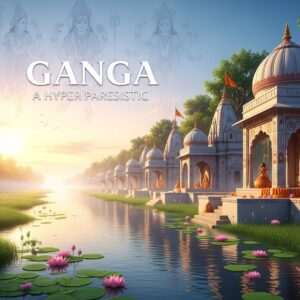 A serene, ethereal depiction of the sacred Ganga River flowing gracefully through a lush, verdant landscape. The river is illuminated with a soft, golden glow, reflecting the pastel hues of dawn. Along the banks, intricately detailed Indian temples and shrines are visible, adorned with lotus flowers and traditional motifs. A gentle mist rises from the water's surface, creating an aura of spirituality and tranquility. In the sky above, a subtle outline of Hindu deities can be seen, blessing the river with their divine presence. The overall tone is one of reverence and peace, capturing the mystical essence and spiritual significance of Ganga. The art style should be hyperrealistic with a modern digital aesthetic, incorporating elements of Madhubani and Pattachitra art forms, featuring deep colors like peacock blue and saffron.
