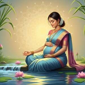 A serene, ethereal scene depicting a pregnant Indian woman in a traditional saree, sitting gracefully beside a flowing, calm water surface surrounded by tall sugarcane plants. The setting is bathed in soft, glowing light with a pastel color palette of soft blues, pale pinks, and warm golds. Her serene expression conveys peace and mindfulness. Lotus flowers float on the water, and a subtle mandala pattern appears in the background, symbolizing harmony and spirituality. The sugarcane plants are lush and vibrant, representing growth and nourishment. The art style is hyperrealistic with a touch of modern digital aesthetics, blending cultural heritage with contemporary elegance.