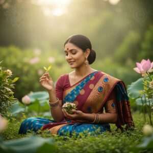 A serene Indian woman sitting in a tranquil garden setting, surrounded by lush greenery and delicate, blooming clove flowers. She is wearing a traditional yet modernized sari in soft shades of maroon and peacock blue, adorned with intricate golden patterns. Her expression is peaceful and contemplative as she gently holds a clove in her hand, examining it with curiosity. Soft, ethereal light bathes the scene, creating a warm glow that highlights her serene beauty. The background features subtle hints of traditional Indian art motifs, such as lotus flowers and mandalas, seamlessly integrated into the natural setting. The overall atmosphere is one of tranquility and mindfulness, evoking a sense of harmony between tradition and modern wellness practices. The art style is hyperrealistic, with a touch of surrealism to emphasize the spiritual connection to nature and the cultural heritage of cloves.