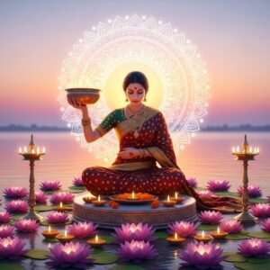 A serene, ethereal scene of an Indian woman performing evening Aarti at a beautifully adorned altar. The altar is surrounded by glowing lotus flowers and softly illuminated diyas (oil lamps) casting a warm, golden light. The woman is dressed in an elegant, traditional saree in maroon and gold, with intricate gold jewelry. Her expression is peaceful and focused, embodying devotion and mindfulness. Behind her, a large, luminous mandala glows softly, adding a spiritual ambiance. The background features subtle pastel hues of a setting sun merging with a calm water surface, creating a tranquil and harmonious atmosphere. The art style is hyperrealistic with digital aesthetics, combining traditional Indian motifs with modern serenity.