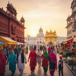 A bustling scene of Amritsar's Heritage Street, capturing the vibrant essence of the city. The street is alive with a blend of traditional and modern architecture, showcasing intricately carved facades with bright maroon and saffron hues. People, dressed in colorful Punjabi attire, walk along the street, their expressions filled with joy and curiosity. Vendors with stalls selling traditional Punjabi crafts and foods add to the liveliness. In the background, the iconic Golden Temple's dome glows softly under a warm golden light, casting reflections on a serene water surface. The atmosphere is rich with cultural motifs and a sense of history blending seamlessly with contemporary life. The art style is hyperrealistic with a touch of ethereal fantasy, enhancing the spiritual and cultural vibrancy of the scene.