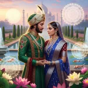 A majestic scene capturing Shah Jahan and Mumtaz Mahal standing together in a lush, ethereal garden, reminiscent of the Mughal era. Shah Jahan is depicted in an intricately embroidered royal robe, with a regal turban adorned with a sparkling jewel, while Mumtaz Mahal is dressed in an exquisite, flowing saree with delicate gold and maroon patterns. Both are gazing at each other with profound love and admiration, surrounded by blooming lotus flowers and softly glowing mandalas in the background. The scene is bathed in warm, golden light, creating a serene, surreal atmosphere with a backdrop of the Taj Mahal shimmering in the distance under a pastel-colored sky. The art style is hyperrealistic with elements of traditional Indian artistry blended seamlessly with modern digital aesthetics, emphasizing the timeless and eternal nature of their love story.