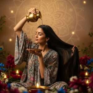 A serene Indian woman with long, lustrous black hair, gently pouring a golden jug of clove-infused water over her head. She is seated amidst an ethereal garden, surrounded by vibrant maroon and peacock blue flowers, with soft glowing lights illuminating the scene. Her attire is a fusion of modern elegance and traditional Indian motifs, featuring intricate patterns and spiritual symbols. The atmosphere is calm and mystical, with a warm gold and pastel color palette, evoking a sense of timeless wisdom and harmony. The background includes a subtle mandala pattern in soft hues, enhancing the spiritual and rejuvenating theme of ancient hair care rituals.