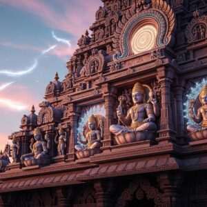 A majestic Indian temple facade, intricately carved from stone, showcasing a fusion of traditional Indian art forms and modern digital aesthetics. The temple is adorned with elaborate sculptures of Hindu deities, each deity depicted with serene expressions and surrounded by glowing mandalas. Rich, deep colors like gold, maroon, and peacock blue dominate the scene, with lotus motifs and delicate patterns embellishing the stone surfaces. Soft, ethereal lighting casts a warm glow, highlighting the fine details of the carvings and sculptures. The background features a serene sky with pastel hues, enhancing the spiritual and tranquil atmosphere. The overall composition is hyperrealistic with a touch of fantasy, inviting viewers to explore the spiritual legacy through its architectural marvels.