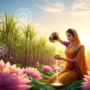 A serene Indian landscape with a majestic, glowing sugarcane field under a soft, pastel-colored sky. In the foreground, an Indian woman in a flowing saffron saree is gracefully pouring sugarcane juice from a traditional brass vessel, with golden light emanating from the liquid. The scene is bathed in warm, ethereal light, highlighting intricate patterns in her saree and jewelry. Large lotus flowers bloom around her, and subtle mandalas appear in the air, symbolizing Ayurveda’s holistic healing. The overall atmosphere is peaceful and spiritual, blending traditional motifs with modern digital aesthetics.
