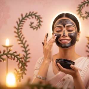 A serene Indian woman with flawless, glowing skin, gently applying a natural clove face treatment. She is surrounded by an ethereal setting with soft, pastel hues of pale pink and warm gold. A delicate glow emanates from a background of stylized clove plants and intricate patterns reminiscent of Madhubani art. The woman's expression is peaceful and content, reflecting a sense of harmony and well-being. The scene has a dreamy, surreal quality with soft, glowing lights accentuating the tranquil atmosphere. Her traditional attire subtly blends modern aesthetics, symbolizing the fusion of ancient wisdom with contemporary beauty practices.