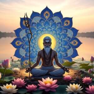 In the heart of Banswara, Rajasthan, a serene landscape unfolds with ethereal beauty. A tranquil lake reflects the soft glow of a pastel-hued sky, blending pale pink and warm gold. In the foreground, an Indian sage in traditional attire meditates beside a sprawling peacock-blue mandala, its intricate patterns shimmering with golden accents. Around him, delicate lotus flowers bloom, their vibrant petals harmonizing with the deep maroon and saffron colors of the surrounding flora. The scene captures a peaceful essence, inviting viewers into a world of spirituality and heritage, where modern digital aesthetics meet timeless Indian art forms.