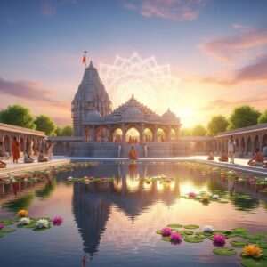 A serene and ethereal depiction of a spiritual site in Banswara, featuring a traditional Indian temple with intricate architecture and ornate carvings, bathed in the soft glow of the setting sun. The foreground showcases a tranquil water surface reflecting the temple, surrounded by lush greenery and vibrant lotus flowers. In the background, pastel-colored clouds and a glowing mandala add to the mystical atmosphere. The scene is populated by Indian pilgrims in traditional attire, engaged in peaceful meditation or prayer. The overall tone is one of tranquility and spiritual harmony, with a modern digital aesthetic blending traditional Indian art forms and contemporary digital styles.