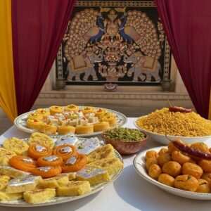 An inviting table spread set in a traditional Rajasthani courtyard, bathed in warm, golden afternoon light. The table is adorned with a vibrant array of Rajasthani sweets, snacks, and appetizers. Featured prominently are colorful platters of Ghevar, Fini, and Malpua, each intricately designed with delicate saffron strands and silver leaf. Alongside them are bowls filled with spicy Mirchi Vada and crunchy Bikaneri Bhujia. The backdrop features an exquisite Pattachitra-style wall mural depicting peacocks and elephants, with lush maroon and saffron drapes fluttering in the gentle breeze. The scene is serene yet lively, capturing the essence of Rajasthani culture through rich colors and detailed patterns.