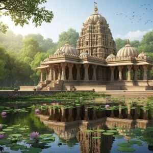 A majestic depiction of a serene Brahma temple in Karnataka, enveloped in lush green surroundings. The temple architecture is intricately detailed, showcasing ancient South Indian craftsmanship with carved pillars and domes. In the foreground, a tranquil pond with blooming lotus flowers reflects the temple's grandeur, creating a sense of peace and divinity. Soft, ethereal light filters through the trees, casting a warm, golden glow over the scene. The presence of a distant peacock in vibrant hues adds a touch of cultural richness. The image is hyperrealistic, capturing the spiritual essence and architectural beauty of the temple in an enchanting, modern digital aesthetic.