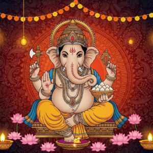 A stunning depiction of Lord Ganesha, the elephant-headed deity, seated majestically with a serene expression. He has four arms; in his upper right hand, he holds a goad, symbolizing guidance, while his upper left hand holds a noose, representing the restraint from worldly attachments. His lower right hand is in the gesture of blessing, and his lower left hand holds a bowl of modaks, his favorite sweets. The backdrop is an intricate blend of Madhubani and Pattachitra art styles, featuring vibrant patterns and rich colors like maroon, peacock blue, and saffron. Surrounding him are glowing lotus flowers and traditional Indian lanterns casting a warm, inviting glow. The scene is filled with an ethereal light, creating a peaceful and spiritual ambiance that captures the essence of Ganesh Chaturthi celebrations. The image blends traditional art with modern digital aesthetics, inviting viewers to explore decoration ideas and wishes for the festival.