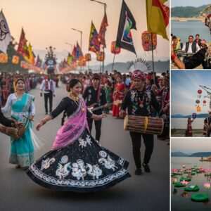 In a vibrant and bustling street of Dimapur, a grand festival unfolds. Indian men and women, dressed in richly detailed traditional attire with a modern twist, dance and celebrate amidst a tapestry of colorful flags and glowing lanterns. The scene is alive with intricate patterns reflecting the fusion of Indian tribal art and contemporary digital aesthetics. In the background, a serene river flows under a pastel-hued sky, with lotus flowers gently floating on its surface. The atmosphere is illuminated by warm, ethereal lights casting a golden glow over the entire celebration. The image conveys a sense of joy, unity, and cultural richness, inviting viewers into a world of tradition and modernity harmoniously intertwined.
