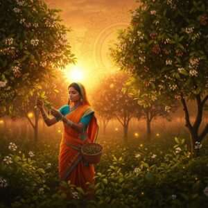 A lush, verdant Indian clove plantation, bathed in the soft golden glow of a setting sun. The scene is detailed with clove trees laden with aromatic buds, their deep green leaves contrasting against the warm, golden hues of the sky. In the foreground, a serene figure of an Indian woman in a modern yet traditional attire (saffron and peacock blue) is gently picking cloves, her expression one of peace and mindfulness. She is adorned with subtle gold jewelry and a small bindi on her forehead. The background features stylized patterns reminiscent of traditional Indian art, merging seamlessly with digital aesthetics. The atmosphere is calm and inviting, with hints of surrealism through gentle, glowing lights that dance around the clove trees. This image combines heritage with a contemporary touch, drawing viewers into the world of clove cultivation with intrigue and elegance.