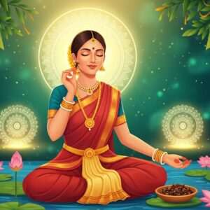 A serene Indian woman in traditional attire, gently holding a clove bud near her cheek, her face calm and relieved. She is seated by a tranquil pond surrounded by lotus flowers and soft, glowing mandalas. The background features lush green foliage with peacock blue and saffron accents, reflecting a blend of traditional and modern aesthetics. The scene is illuminated by a warm, ethereal light, creating a soothing and harmonious atmosphere. The overall tone is peaceful and inviting, embodying the essence of natural wellness and the age-old remedy of cloves for dental health.