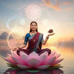 A serene Indian woman sitting in meditation on a lotus flower floating on calm water, surrounded by softly glowing mandalas and ethereal lights. Her traditional attire is adorned with intricate patterns in rich colors like maroon and peacock blue. In her open palm, she holds a small cluster of cloves, which are subtly highlighted with a warm, golden glow. The background features a tranquil sunrise with soft pastel hues, and gentle ripples in the water reflect the serene atmosphere. The overall scene embodies tranquility, harmony, and the spiritual connection to natural remedies for heart health, seamlessly blending traditional and modern aesthetics.