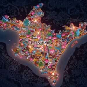 An intricate map of Banswara, Rajasthan, is beautifully illustrated in a style that combines traditional Indian art forms with modern aesthetics. The map features rich, deep colors like maroon, saffron, and peacock blue. Each tehsil is highlighted with vibrant hues and cultural motifs such as mandalas and lotus flowers. The map's borders are adorned with delicate patterns reminiscent of Madhubani and Pattachitra art. Soft, glowing lights illuminate the map, providing a serene and ethereal quality. The overall composition is hyperrealistic, with a digital finish that balances heritage with modernity, drawing the viewer's attention to the heart of Rajasthan.