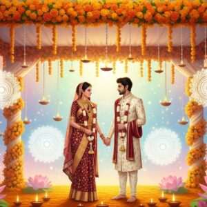 A serene, ethereal scene depicting an Indian couple in traditional wedding attire, standing under a beautifully decorated mandap adorned with marigold flowers and intricate patterns. The bride is wearing a rich maroon and gold saree with delicate embroidery, adorned with traditional gold jewelry, while the groom is in an elegant cream sherwani with intricate motifs. They stand hand-in-hand, surrounded by softly glowing mandalas and lotus flowers, symbolizing unity and harmony. The backdrop is a dreamy blend of pastel colors—soft blues and pale pinks—enhanced by the warm glow of diyas (oil lamps). The image reflects the cultural richness and spiritual essence of arranged marriages, with a touch of modern digital aesthetics, creating a peaceful yet captivating atmosphere.