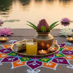 An ethereal, serene scene showcasing a traditional Indian setting with a sacred offering of sugarcane juice placed in ornate brass vessels, surrounded by a vibrant mandala pattern on the ground. In the background, a calm, reflective water surface glistens under soft, golden sunlight, with pastel hues creating an atmosphere of tranquility and reverence. Delicate lotus flowers float gracefully on the water, and subtle glowing lights highlight the spiritual ambiance. The art style is hyperrealistic yet surreal, merging traditional Indian motifs with modern digital aesthetics, evoking a sense of divine presence and cultural heritage.