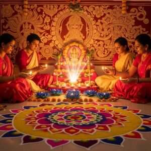 A serene Indian family gathered around a beautifully decorated Diwali altar. The scene is set in a warmly lit room adorned with intricate, golden and maroon Pattachitra patterns on the walls. The altar is glowing with a radiant, ethereal light, surrounded by saffron and peacock blue lotus flowers. A stunning, large mandala crafted from colorful rangoli powders is in the foreground. The family, dressed in vibrant, traditional Indian attire, is engaged in the puja, with a calm, spiritual ambiance. Each member holds a diya, their faces illuminated by the soft glow of candlelight, symbolizing unity and joy. The air is filled with a sense of peace and celebration, capturing the essence of Diwali.