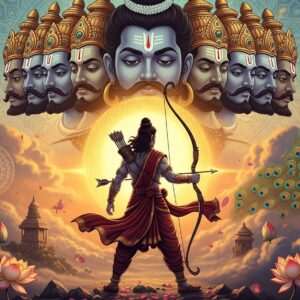 A majestic scene depicting the essence of Dussehra, Dasara, and Vijaya Dashami. In the foreground, a traditional Indian warrior figure, reminiscent of Lord Rama, with serene and determined expression, holding a bow with an arrow poised, his attire in shades of maroon and gold. The background features a grand depiction of the ten-headed demon king Ravana, symbolizing the triumph of good over evil. The scene is set against a vibrant backdrop with deep hues of saffron and peacock blue, adorned with intricate patterns and cultural motifs such as lotus flowers and glowing mandalas. The ethereal atmosphere is enhanced by soft, glowing lights and pastel clouds, creating a surreal and spiritual ambiance. The overall image is hyperrealistic and visually captivating, blending traditional Indian art elements with modern digital aesthetics, inviting readers to delve into the rich traditions and significance of these festivals.