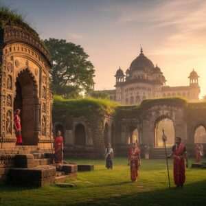 A hyperrealistic, ethereal scene of the ancient Kachari Ruins and the majestic Rajbari, bathed in the soft, golden glow of a setting sun. Intricate architectural details of the ruins are highlighted, with overgrown lush greenery subtly reclaiming the stone structures. A faint, mystical aura surrounds the site, with subtle hints of historical figures as ethereal silhouettes in traditional attire, seemingly narrating their tales. The sky is a serene blend of pastel hues, with gentle swirls of mist that add a surreal, dreamy quality to the atmosphere. This enchanting blend of history and fantasy invites viewers into a world where time stands still, echoing stories of a bygone kingdom.
