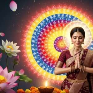 A serene, hyper-realistic depiction of Navratri celebrations, featuring a graceful Indian woman performing a traditional Puja ritual. She wears an exquisite, flowing saree in deep maroon and gold, adorned with intricate traditional patterns. Her elegant jewelry gleams softly in the warm glow of surrounding lamps and candles. The setting is enriched with a beautifully detailed, glowing mandala in the background, symbolizing divine feminine energy. Large, vibrant lotus flowers and gently cascading petals enhance the spiritual atmosphere. The scene is imbued with ethereal lighting that highlights the woman's tranquil expression as she offers prayers with folded hands, embodying devotion and serenity. The art style balances traditional Indian motifs with modern digital aesthetics, creating a captivating and spiritual visual experience.