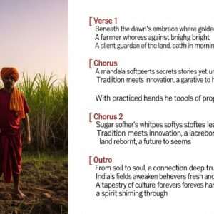 An Indian farmer, depicted in a serene, hyperrealistic style, stands proudly amidst a lush sugarcane field at sunrise. The sun casts a warm golden glow over the scene, highlighting the dewy leaves of the sugarcane. The farmer, wearing a traditional dhoti and turban in rich maroon and saffron hues, embodies a sense of pride and connection to the land. In the background, a subtle digital overlay of a mandala pattern in soft pastel colors symbolizes the spiritual significance of agriculture in India. The farmer's hands are gently touching the sugarcane, showcasing modern farming tools at his side, blending tradition with innovation. The sky is a gradient of soft blues and pinks, enhancing the ethereal quality of the image, inviting viewers to explore the rich cultural tapestry and modern practices of sugarcane cultivation in India.