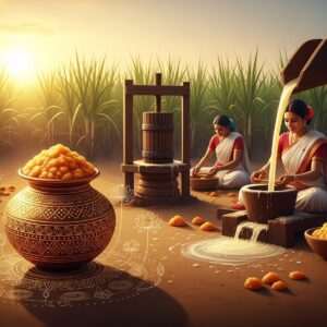 An ethereal depiction of a traditional Indian sugarcane field bathed in the soft glow of a setting sun, casting warm golden light over the lush green stalks. In the foreground, an intricately detailed, ornate pot of freshly made jaggery (gur) glistens with a rich amber hue. The pot is surrounded by delicate, stylized lotus flowers and subtle mandala patterns woven into the earth, symbolizing the artful process. A gentle stream of sugarcane juice pours from a traditional wooden press, adding movement and life to the scene. The background features Indian artisans, dressed in traditional attire, skillfully crafting jaggery with serene expressions, highlighting their expertise and dedication. The art style merges traditional motifs with modern digital aesthetics, creating a serene and captivating visual narrative that invites readers into the story of jaggery-making.