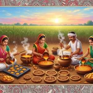 A vibrant and detailed depiction of a traditional Indian jaggery-making scene. In the foreground, skilled Indian artisans are pouring molten jaggery into intricate molds, with wisps of steam rising. They are dressed in colorful traditional attire, with gold jewelry glistening in the warm sunlight. The background showcases a lush sugarcane field under a serene, pastel sky with soft blue and pink hues. The scene is bathed in a soft, golden glow, evoking warmth and sweetness. Intricate patterns reminiscent of Madhubani art subtly adorn the edges of the image, blending heritage with a modern digital aesthetic. The overall composition is serene, inviting, and rich with cultural symbolism.