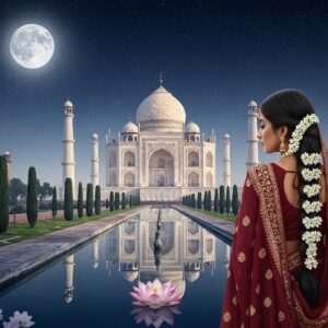 A serene and ethereal scene depicting the Taj Mahal under a starlit sky, bathed in the soft glow of moonlight reflecting off its pristine white marble surface. In the foreground, a delicate lotus pond mirrors the grandeur of the monument, surrounded by lush gardens in pastel hues of soft pink and pale blue. At the center, an elegant Indian woman dressed in a regal maroon saree with intricate gold embroidery stands gracefully, symbolizing Mumtaz Mahal's eternal legacy. Her presence exudes tranquility and reverence, with a gentle smile and flowing hair adorned with jasmine flowers. The art style is hyperrealistic with a touch of surreal fantasy, capturing the essence of timeless love and architectural wonder, with an emphasis on cultural authenticity and spiritual harmony.