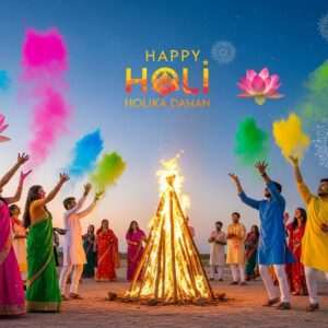 A vibrant scene capturing the essence of Holi 2026: In the foreground, a traditional Holika Dahan bonfire is ablaze, its flames casting a warm, golden glow on the surroundings. Surrounding the bonfire, a diverse group of Indian men and women dressed in colorful, modern ethnic attire (sarees, kurtas) are joyfully playing with an array of vivid colors – pink, blue, yellow, and green powders fill the air. The background features a serene landscape with a clear sky transitioning from dusk to night, dotted with soft, glowing stars. Large, stylized lotus flowers and intricate mandalas subtly appear in the scene, enhancing the spiritual ambiance. The overall mood is celebratory and harmonious, blending traditional cultural elements with a contemporary, digital aesthetic. The scene conveys a sense of unity, joy, and the rich heritage of Holi.