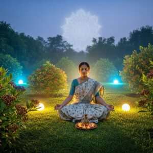 A serene and ethereal scene showcasing an Indian woman meditating peacefully in a tranquil garden. She is surrounded by lush greenery and blooming clove plants, their vibrant green leaves and deep reddish-brown buds subtly highlighted. Soft, glowing lights illuminate the garden, creating an otherworldly atmosphere with pastel hues of soft blue and warm gold. The woman, adorned in a simple yet elegant traditional sari with intricate patterns, radiates calmness and mindfulness. In the background, a large, faintly glowing mandala is subtly incorporated into the sky, symbolizing balance and harmony. The overall composition emphasizes a sense of tranquility and natural healing.