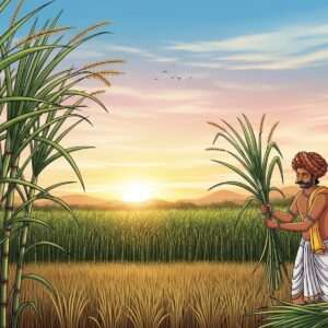 A vibrant scene of a lush Indian sugarcane field under a pastel-colored sky, where tall sugarcane stalks sway gently in the breeze. The sugarcane is depicted in varying shades of green, with some stalks bearing golden hues, symbolizing the spectrum of sweetness. In the foreground, a traditional Indian farmer in an intricately patterned turban and dhoti is harvesting the cane with a serene expression, embodying the age-old tradition. The background is adorned with a faint glow of a setting sun, casting warm golden light that adds depth to the scene. The art style merges elements of Madhubani and Pattachitra with a modern digital touch, using rich colors and detailed patterns to create a harmonious blend of tradition and innovation. The overall tone is tranquil and inviting, encouraging viewers to explore the sweetness of India's diverse sugarcane varieties.